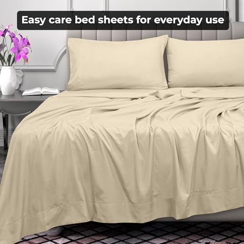 Image of Royale Linens Full Flat Sheet - Ultra Soft Brushed 1800 Microfiber Flat Sheets Only - Wrinkle Free & Stain Resistant - Hotel Quality Top Sheet for Bed (Full, Sand)