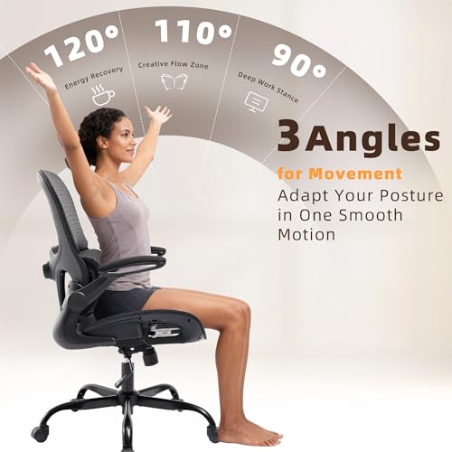 Office Chair, Ergonomic Desk Chair with Adjustable High Back 2D Lumbar Support Flip-up Armrests, Executive Breathable Mesh Comfy Swivel Rolling Computer Task Chair for Home Office Study Work Gaming - Image 4