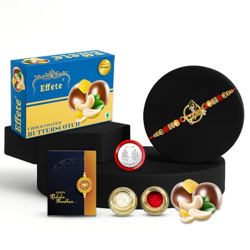 Image of DeoDap Round Shape Shri Krishna Thread Rakhi with Chocolate, Silver Pooja Coin, Tilak Set, Greeting Card - Rakhi Gift for Brother
