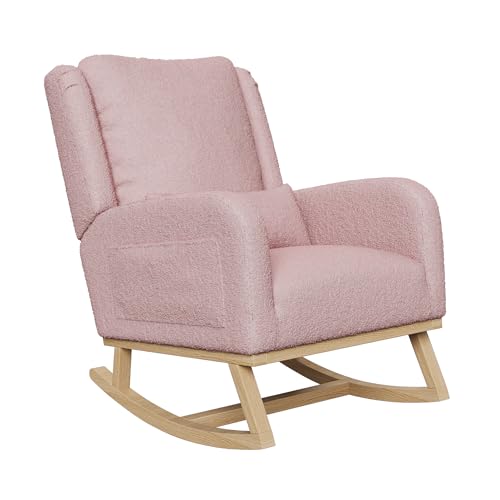 Lazyspace Mecedora de tela de peluche, silla de relax, sillón de salón, silla de lactancia, silla mecedora, con bolsillos laterales y base de madera, para salón, dormitorio, balcón, capacidad de carga