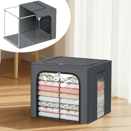 Image of 8 Pack Clothes Storage Bins with Metal Frame,Stackable Organizer Bins with Handles for Closet & Bedroom(Light Grey)
