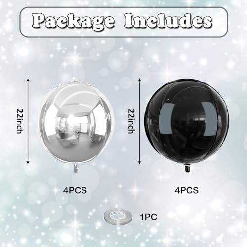 Image of 8 Pcs Black Silver Round Foil Balloons Metallic Silver Black 4D Ball Balloon Chrome 22 In Ornament Mylar Balloon for Girl Birthday Graduation Wedding Anniversary New Year Disco Party Decoration
