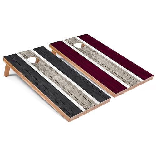 Skip's Garage Dark Grey and Maroon Striped All-Weather Cornhole Boards - PVC - Include Hole Lights