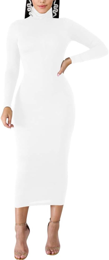 BORIFLORS Women's Sexy Basic Long Sleeve Turtleneck Bodycon Party Long Pencil Dress - Image 5