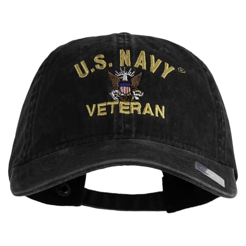 e4Hats.com US Navy Veteran Military Embroidered Washed Solid Pigment Dyed Cotton Twill Brass Buckle Cap - Black OSFM