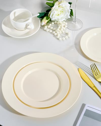 Image of Goodluck 200 PCS Ivory Plastic Plates, Heavy Duty Disposable Ivory Plates with 100 10.25 inch Dinner Plates and 100 7.5 inch Dessert Plates for Party, Holiday, Wedding