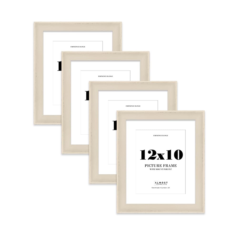 12x10" Cream Picture Frame with 9x7" Mount - Shabby Chic Photo Frame with Distressed Finish, Wall Hooks and Kickstand, 32mm Edge - 4 Pack
