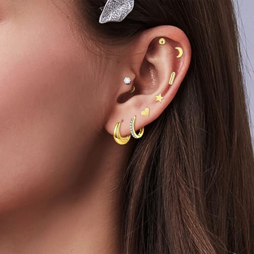 14K Gold Plated Flat Back Earrings & Hoops Set - 16 Pairs Hypoallergenic Cartilage Studs & Mini Hoops for Women | Threadless Push-in Design, Tiny Star, Moon, Heart, CZ Studs & Chunky Hoops4