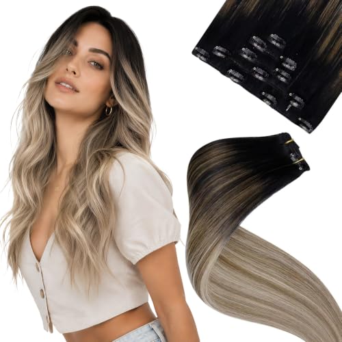 Image of LaaVoo Hair Extensions Clip ins Real Human Hair 20in Full Silky | Long flowing length with dramatic color gradient, soft texture mimics natural hair movement beautifully