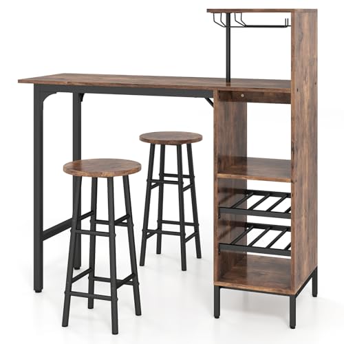 LIFEZEAL Lot Table Bar avec 2 Tabourets, Mange-Debout et Chaises avec Repose-Pieds, Meuble avec Porte-gobelet et 5 Étagères, Table Bistrot Acier Industriel,...