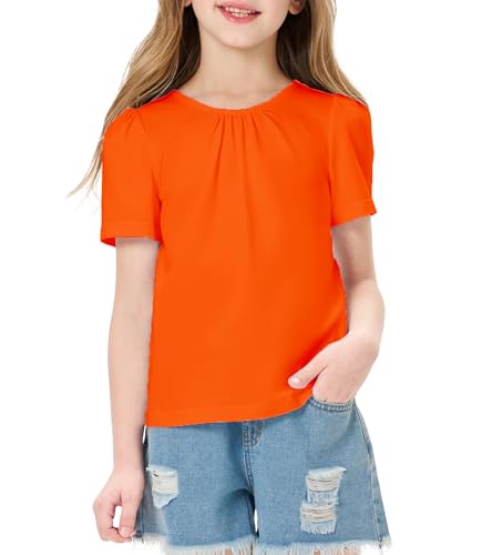 Image of Girls Casual Solid Crewneck Top Short Sleeve Soft T-Shirt with Crisscross Back Design Orange 9-10