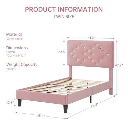 GAOMON Twin Bed Frame with Headboard, Upholstered Platform Bed Frames Twin Size with Crystal Diamond Tufted for Girls/Kids Easy Assembly, Wooden Slats Support, No Box Spring Needed, Pink