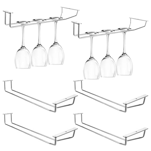 YAYODS Lot de 6 Support Verre à Vin Suspendu 34 x 11 cm - Porte-Verre en Acier Chromé avec Vis - Range-Verres Sous Placard pour Cuisine, Bar, Restaurant et...