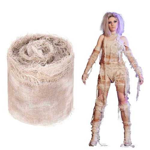 Preboun Halloween Mummy Bandage Wrap Bloody Gauze Zombie Makeup Props Creepy Costume Bandage Cosplay Party (Brown 65.6 ft X 3.15 Inch)