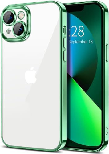 Image of VONZEE Thermoplastic Polyurethane Transparent Case Compatible with iPhone 13 (6.1 inch), Luxury Electroplated Soft Edge Bumper Cover, Full Camera Protection, Shockproof Clear Protective Phone Case, Green