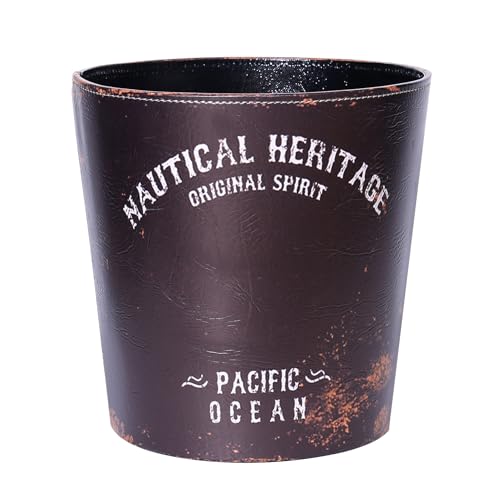 Image of PU Leather Small Trash Can Wastebasket, Round Garbage Container Basket for Bathrooms, Laundry Room, Kitchens, Offices, Kids Rooms, Bedrooms,Home Decorative Art Bin, 2.9 Gallon (Nautical Heritage)