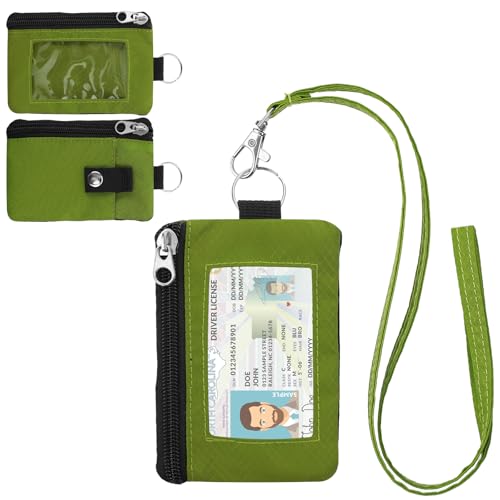 Image of Minimalist RFID Wallet with Lanyard, Multi-functional ID Case with 2 Zipper Pockets and Key Chain for Men and Women, Tactical Badge Pouch Cards Holder, Coin Purse for Travel Sports - Grass Green