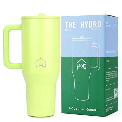 Image of House of Quirk 1200ML Tumbler with Handle & Simple Flip Straw - Car Cup Holder Friendly, Leak Resistant Stainless Steel Water Bottle with Rubber Base (Neon Green)