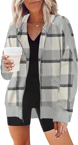 Image of Womens Fashion Zip Up Hoodies Oversized Waffle Knit Jacket Shirts Long Sleeve Solid Shacket Blouse with Pockets