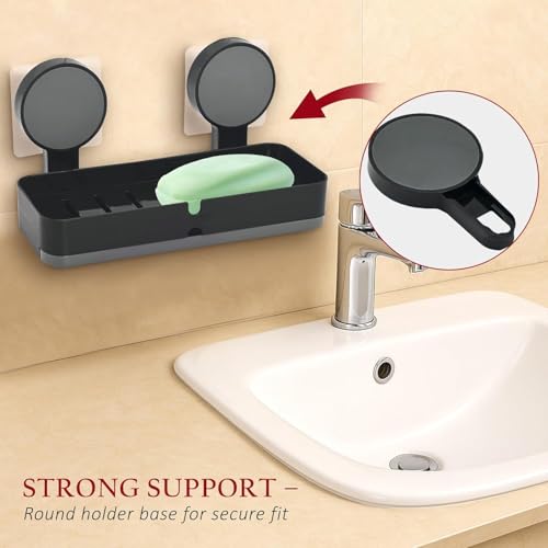 Image of Plastic Self-Adhesive Soap Holder for Bathroom with Removable Drain Tray | Wall Mount No Drill Stickable Long Soap Stand for Kitchen Sink | Black