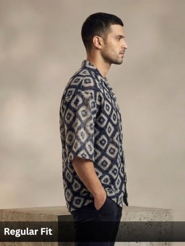Image of GRECIILOOKS Men`s Shirt | Mens Casual Crochet Knitted | Half Sleeve Printed Crochet with Cuban Collar Shirt`s | Relaxed fit Down Shoulder Textured & Stylish Premium Mens Shirt
