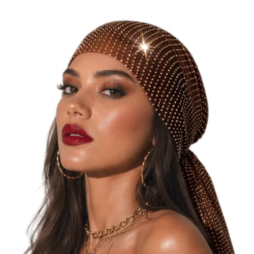 Munyee Hua Rhinestone Headpiece for Women, Rhinestone Head Scarf, Sequin Mesh Head Scarf 90cm Slip On Sparkly Bandana with Elastic Back, Glitter Scarf for Rave Festival Gatsby Disco Party