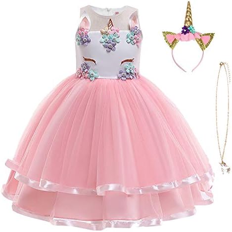 URAQT Unicorn Costume, Princess Unicorn Dress Fancy Dress with Necklace, Headband for Kids & Toddlers Birthday/Cosplay/Hallween Party, Pink, 130CM