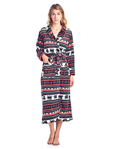 Casual Nights Women's Holiday Deer Mink Fleece Plush Long Robe - Black - X-Large #TOP1