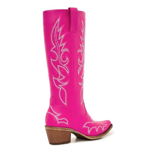 Image of Uillnoodu Women's Turquoise Cowgirl Boots - Wide Calf Mid Calf Western Boots Plus Size Embroidered Cowboy Style with Block Heel