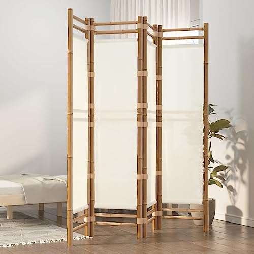 Mokuyary 4-Panel Room Divider Folding Privacy Screen BambooMovable Paravent Partition Separator for School, Bedroom, Living Room 160 cm cream white