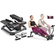 Sunny Health & Fitness 2-in-1 Premium Power Stepper with Resistance Bands + Smart Compact Adjustable Rowing Machine, 12 Levels Adjustable Resistance