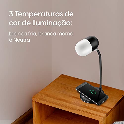 Luminária LED de Mesa 3 em 1 2700-6500k Elgin Com carregador Sem Fio e Caixa de Som Bluetooth Preta