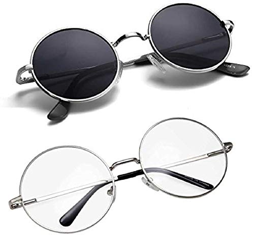 Men Round UV Protected Sunglasses Silver Frame, Black& Transparent Lens (Medium)- Pack of 2-image-42