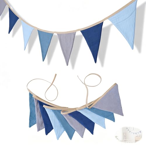 Guirlande Fanion en Coton Doux - Guirlande de Fanions en Mousseline pour Décoration de Chambre d'enfant, Lit de Maison et Mur de Fête - Idée Cadeau Parfaite (Bleu)