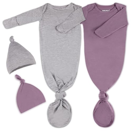 Image of 2Pk Newborn Baby Knotted Gown, Super Soft Silky Infant Long Sleeve Sleeper for Baby Sleeping with Hat or Headband (2 Packs)