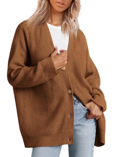 MorFansi Femme Cardigan Tricoté Vêtement D'extérieur Col en V Ouvert sur Le Devant Pull Ample avec Boutons (Marron,L)