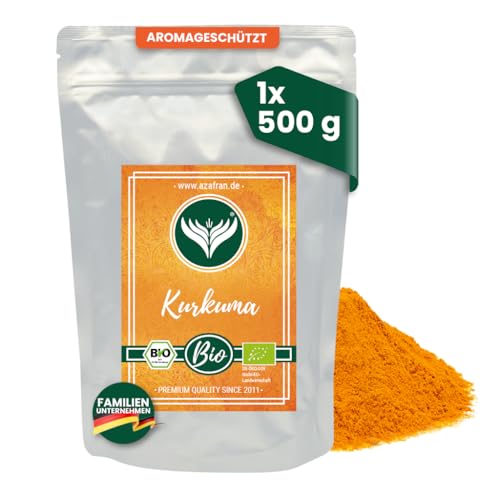 Azafran BIO Kurkuma Pulver, Kurkumawurzel fein gemahlen, Kurkumapulver als Gewürz oder für Curcuma Tee/Milch 500g