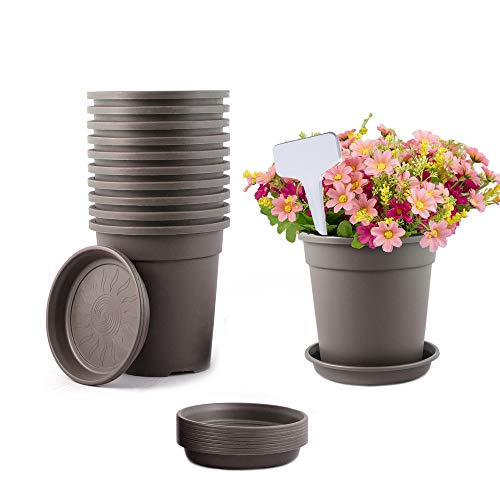TRUEDAYS 10 PCS 1 Gallon Plastic Garden Flower Pots with Drainage Seeding Plant Container Nursery Pot with Saucers Coffee