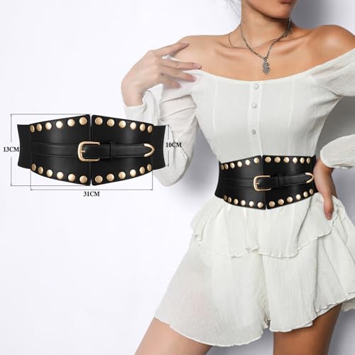 XZQTIVE Women's Wide Corset Belts, Punk Style Waist Belt for Dresses Halloween Costume, Black Faux Leather with Gold Studs3