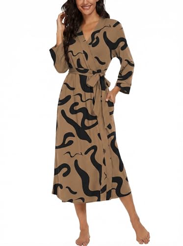 Image of VINTATRE Robes for Women Long Knit Bathrobe XS-4XL | 3 /4 Sleeve Bathrobes with Pockets, Stretchy and Lightweight Fabric, Inner Tie and Fixed Outer Matching Belt, Mid Calf Length