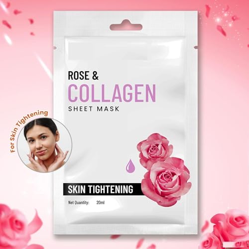 Image of Rose & Collagen skin tightening Sheet Mask | Serum-infused sheet mask | For Hydrating and youthful glowing skin | 20ml (pack of -6)