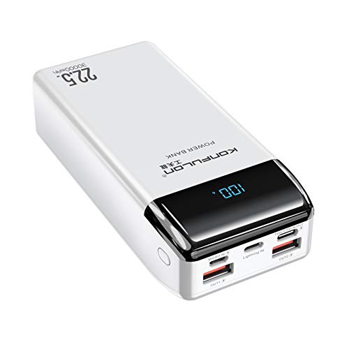 Power Bank 30000mah Portable Charger KONFULON Portable Battery Charger USB-C PD 18W Tri-Input and Tri-Output LCD Display Battery Bank for iPhone 12, MacBook,Nintendo Switch and Pixel