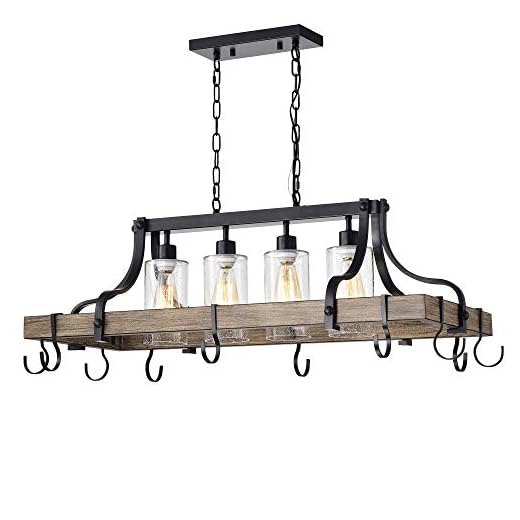 Warehouse of Tiffany HM138/4 Blakes 4-Light Faux-Wood Metal Kitchen Island Pot/Pan Hooks and Seeded Glass Shades (Includes Edison Bulbs) Chandelier, Black
