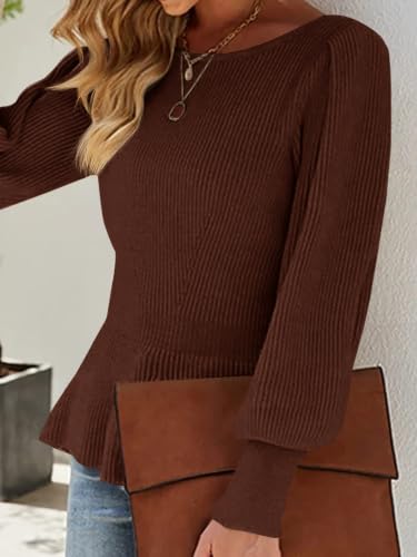 Image of Womens Fall Puff Sleeve Peplum Casual Slim Fit Knit Pullover Sweater Jumper Tops