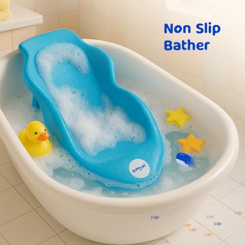 Image of Bumtum Baby Bath Sling & Seat - Plastic Bath Chair with Non-Slip Suction Base for Toddlers (Blue)