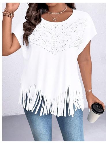 SHENHE Women's Plus Size Fringe Top Sparkly Rhinestone Cap Sleeve Crew Neck Cowgirl Studded Tshirt Top3