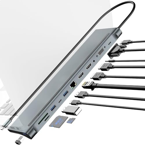 Image of USB HUB USB C Docking Station, Tongtion Laptop Docking Station Triple Monitor with 4K HDMI, VGA, 100W PD, USB-C, Gigabit Ethernet, 3 USB A, Audio, SD /TF (USB C to 12 in 1 with Dual HDMI HUB)