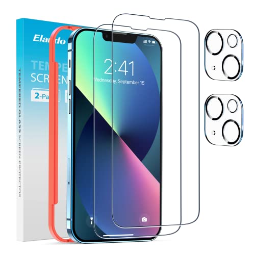 Elando 2 Pack Glass Screen Protector Compatible with iPhone 13, 9H Hardness Tempered Glass Film with 2 Pack Camera Lens Protector and Easy Installation Kit, Clear, 6.1 Inch