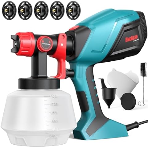 ENEACRO Paint Sprayer, 700W HVLP Spray Gun 1200ml Container, Adjustable Spraying Flow and Spraying Angle, 5 Brass Nozzles and 360°Adjustable Spray Pattern for Home Interior and Exterior Cover