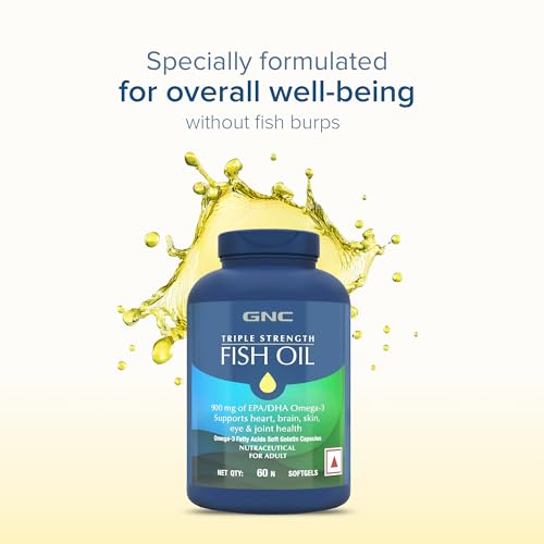 Image of GNC Triple Strength Fish Oil 1500mg Omega-3 with 900mg EPA & DHA | 60 Softgels | For Heart, Healthy Cholesterol, Joint Comfort, Focus & Vision | Enteric-Coated for No Fishy Aftertaste |USA Formulated